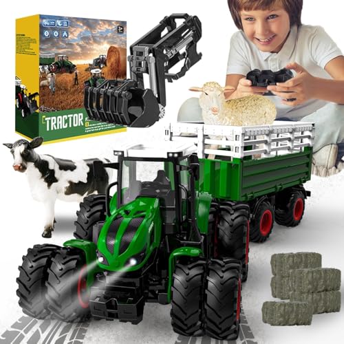 PENGBU RC Traktor Spielzeug ab 3 4 8 Jahre, 2.4 GHz Ferngesteuerter Traktor Ferngesteuert, Trecker Ferngesteuert Spielzeug, Farm Traktor mit Fernbedienung, Kuh und Schaf, Geschenk 3 4 6 8 Jahre