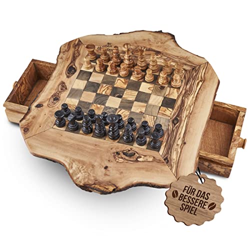 chesstastic schachspiel hochwertig [Schachbrett und Figuren handgemacht Olivenholz] 2 integrierte Schubladen zum geordnetem verstauen der schachfiguren | Jetzt hat Schach Qualität