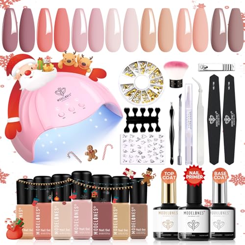 Modelones UV Nagellack Set, Gel Nagellack UV Set Shellac Set Starterset mit Lampe 48W 7 Farben Rosa Nude Orange,Gelnägel Starterset mit Base Top Coat und Bonding Primer Gel Nagellack Set mit UV Lampe