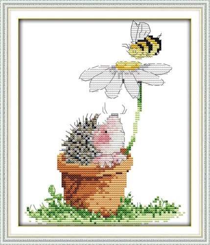 Gofission Kreuzstich Set Vorgedruckt Stickpackungen, Igel und Biene 11ct Stickset 24x28cm mit Stoff Vorlagen für Erwachsene Anfänger