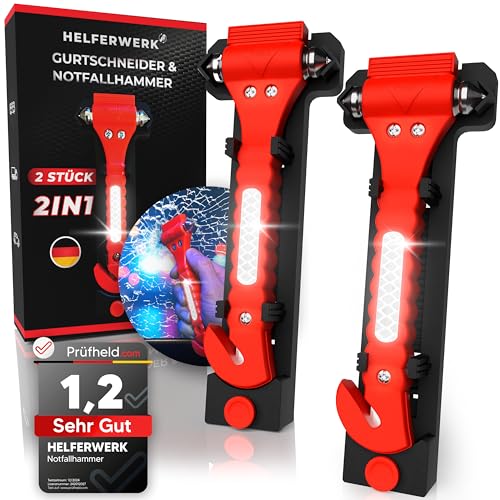 HELFERWERK® 2in1 Notfallhammer mit Gurtschneider fürs Auto [2er Set] | Gehärtete Spitzen, Testsieger, Inkl. Reflektor | Nothammer Gurtmesser als Rettungswerkzeug im Notfall zum Fenster Einschlagen