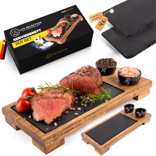 Lux Selection 10-TEILIG 2er-Set Servierplatte Akazienholz Keramik Dip-Schalen Servierbrett Holz Steakteller Schiefer Burger Sushi Steakbrett