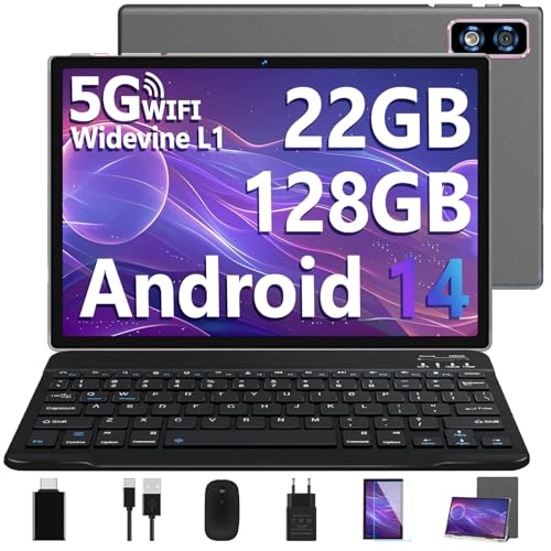 2025 Neueste Tablet 10 Zoll Android 14 tablet,22GB RAM+128GB ROM/1TB TF, Octa-Core, 2.0GHz,5G+2.4G WiFi, BT 5.0, 8000mAh, Widevine L1,8+5MP, AGPS, 2 in 1 Tablet PC Mit Tastatur und Maus - Grau