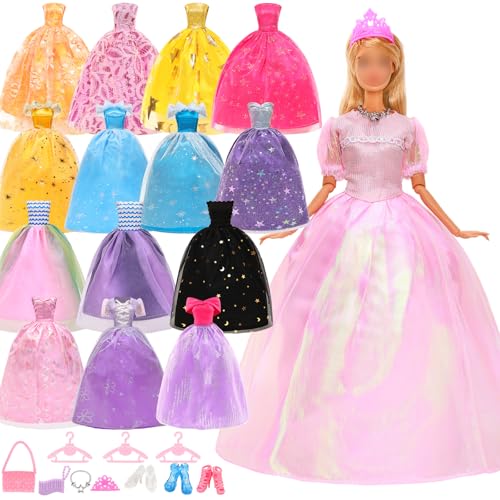 Miunana 15 Puppenkleidung Puppen Party Kleider Abendkleider Kleidung Puppenzubehör Schuhe Kronen Handtasche Halskette Kleiderbügel für 11,5 Zoll Puppen