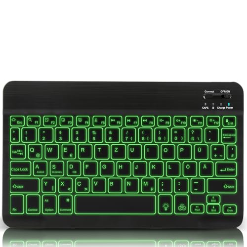 Kabellose Bluetooth Tastatur, Wireless Tastatur für iPad/Samsung/iPhone Tablet PC mit Hintergrundbeleuchtung, Wiederaufladbar Bluetooth Tragbare QWERTZ Tastatur für iOS, Windows, Android (7-Farben)
