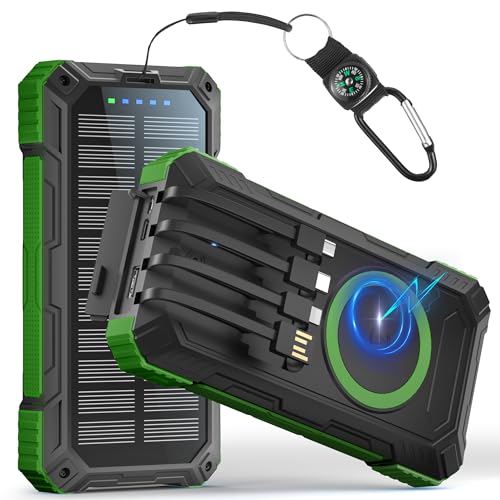 Power Bank 56800mAh:30W Solar Powerbank USB C Wireless Charging Externer Akku Ladegerät mit 4 Kabeln Schnellladung 6 Ausgänge 3 Eingänge,Powerbank Solar Outdoor mit Camping LED Lampe, Kompass
