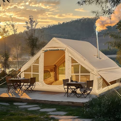Meulbaty 300x210x195cm Camping Aufblasbares Zelt für 2-4 Personen mit 6 Großen Fenstern, PU3000mm Wasserdicht und UPF50+ Schutz Glamping Familienzelt Luftzelt mit Kaminöffnung für Herd