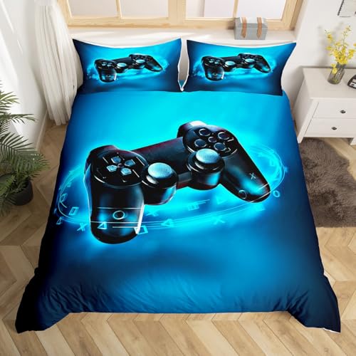 Loussiesd Kinder Jungen Bettwäscheset Gamepad drucken Bettbezug Blau Spielthema Bettwäsche Videospiel Action Buttons 135x200cm für Teens Weiche Mikrofaser mit Reißverschluss