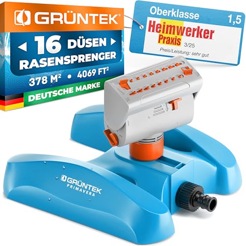 Robuster GRÜNTEK Oszillationssprinkler mit Turbo-Motor – Viereckregner mit 16-Düsen Bewässerungssystem, bruchfester ABS-Kunststoff, für gleichmäßige Beregnung großer Flächen