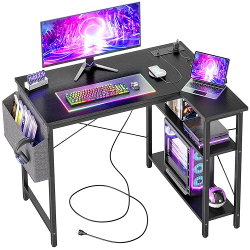 BEXEVUE L-förmiger Schreibtisch mit Steckdosen, 100 x 70 cm, Reversibel Gaming Tisch Kleiner Computertisch mit Seitentaschen, Eckschreibtisch für Büro und Homeoffice Stärker X Form Halterung, Schwarz