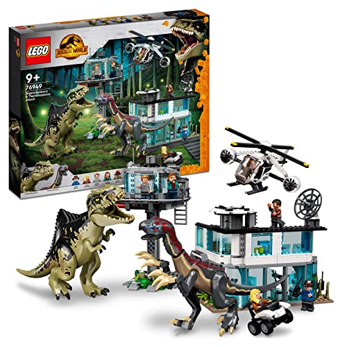 LEGO Jurassic World Giganotosaurus & Therizinosaurus Angriff Set mit Spielzeug-Hubschrauber, Garage, Spielzeugauto und 2 Dinosaurier-Figuren, Geschenk für Fans von der Jurassic Park-Reihe 76949