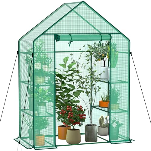 AMHANCIBLE Gewächshaus, Foliengewächshaus mit 3 Regale, Tomatengewächshaus, 140x70x195cm, Gewächshaus Balkon mit PE Gitterfolie für Tomaten & Pflanzen, Grün EGWH13GR