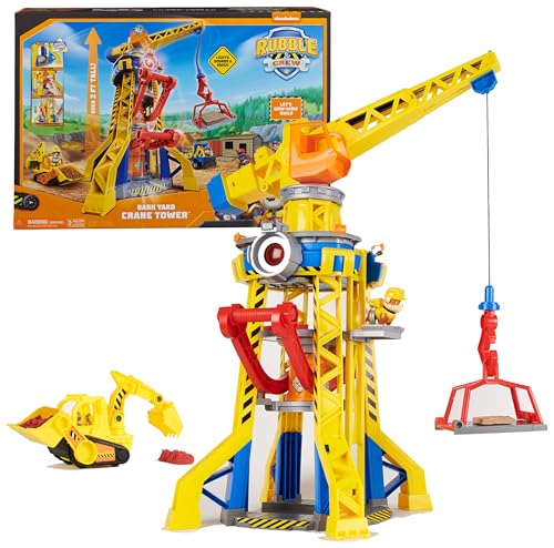 Rubble & Crew – Baupfoten Hof Kran-Spielset (68 cm) mit Rubble-Actionfigur, Planierraupen-Baufahrzeug und 340 g Kinetic Sand Build-it Sand, Spielzeug geeignet für Kinder ab 3 Jahren