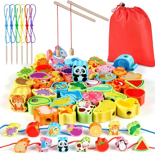 Jojoin 2 in 1 Fädelspiel Montessori Spielzeug - 46 Psc Magnetisches Angelspiel Spiele ab 2 3 Jahre - Obst GemüSe Tiere Holzspielzeug - Lernspiele Motorikspielzeug Ostern Geschenk für Kinder