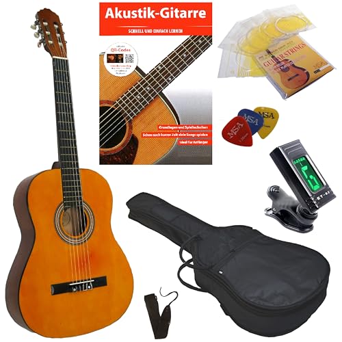 MSA 4/4 KONZERTGITARRE STARTER SET (GITARRE NATUR - TASCHE - BAND - SAITEN - 3xPIK - STIMMGERÄT - LERNBUCH)