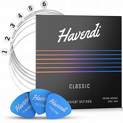 HAVENDI® Gitarrensaiten Konzertgitarre - brillante Klangqualität Saiten aus Nylon für klassische Gitarre mit Silber ummantelt (6 Saiten-Set) inkl. 3 Plektren