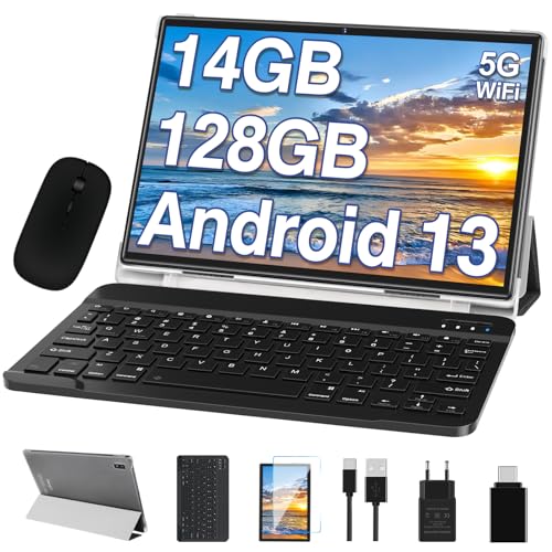 Tablet 10.1 Zoll Android 13 OS Octa Core 5G WLAN,14GB RAM+128GB ROM(TF 512GB/1TB), 2.0GHz, Google GMS | 8000mAh | 1280 * 800 HD-IPS | 5+8MP Kamera | Typ-C | Mit Maus und Tastatur - Grau