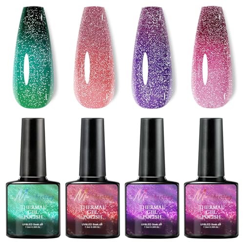 4 Farben Farbwechselnder Gel Nagellack Set, Mehrfarbig Ablösbarer Nagelgel Farbgel Gel Nagel - Temperaturwechsel UV Nagellack Gel, Soak Off Nagelkunst DIY Home Maniküre Urlaub Geschenke