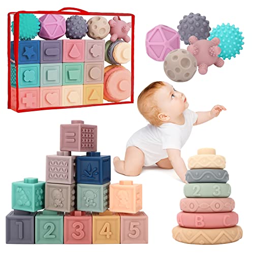 vvhippo Weich Baby Bausteine, Motorikspielzeug Stapelwürfel Bauklötze, Stapelturm& Beißringe für Stapelspiel, Früherziehung Spielzeug Geschenke für Kleinkind ab 6 12 18 Monate und höher 23 Stück