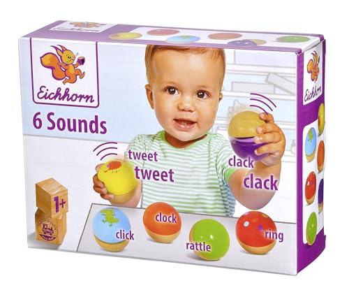 Eichhorn – Klangkugeln – 6 Bunte Holzkugeln mit Sound, die Verschiedene Geräusche Machen, für Kinder und Babys ab 12 Monaten, Holzspielzeug