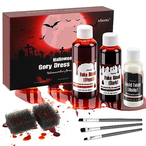 Kunstblut Halloween, 58ml Künstliches Frisches Blut, 48ml dunkelrotes TheaterBlut, 28ml Flüssiges Latex, Make-up Pinsel und Schwamm, auswaschbar für Halloween bilden Zombie Vampir Wunde Narbe