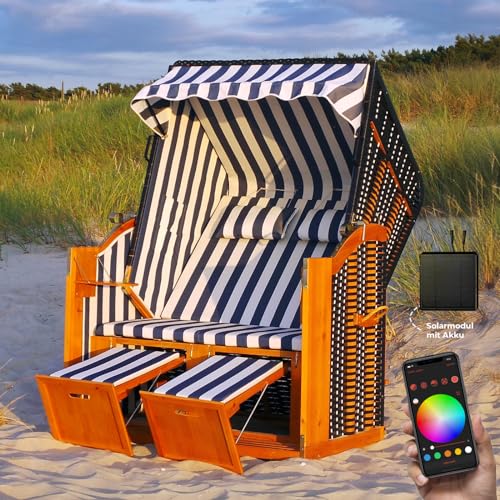 Swing & Harmonie RGB - Strandkorb XXL - 118cm inkl. Abdeckcover LED Luxus Volllieger mit Solarmodul Ostsee Sonneninsel Rattan Möbel Polyrattan (blau/weiß - gestreift)