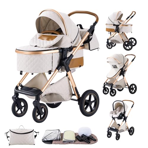 BEBBY Kombikinderwagen 3 in 1 Reisesysteme Standardkinderwagen Kinderwagen Buggy Neugeborener Tragbarer Reisewagen Faltbarer Aluminium Kinderwagen High Landscape Kinderwagen (Rice white-6)