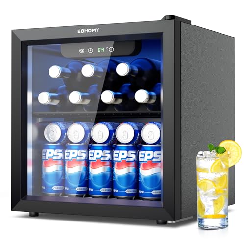 EUHOMY Getränkekühlschrank, Mini Kühlschrank mit Glastür, Bierkühler, Tisch-Getränkekühlschrank für 55 Dosen, Schwarz Freistehender Kühlschrank mit LED, 38dB, für Büro, Zimmer, Bar, 37L, Geräuscharm
