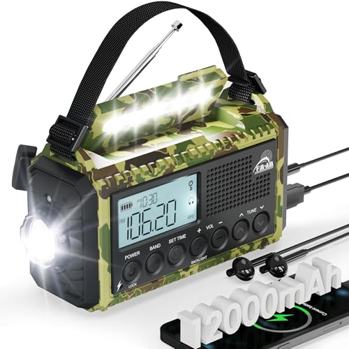 Kurbelradio, Notfallradio mit 12000 mAh Powerbank, AM/FM/SW Radio Ohne Strom, Kurbel 5-Wege Solar Radio mit Weltempfanger, Als Ladegerat Taschenlampe Leseleuchte, Fur Outdoor, Camping, Notfall