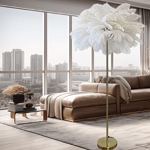 Straußenfeder Stehlampe,Moderne Luxus Feder Stehleuchte,63‘' LED Dimmbare Stehlampe,Romantisch Standleuchte für Wohnzimmer und Schlafzimmer (White)