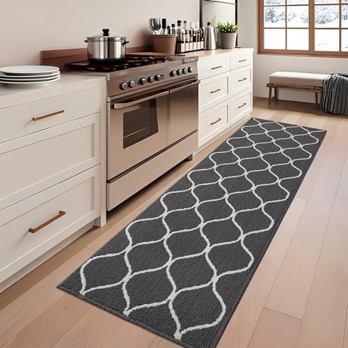 COSY HOMEER Küchenteppich rutschfest, 60 x 180 cm Küchenläufer Waschbar, Schmutzabweisend Läufer Küche Maschinenwaschbar für Küche, Waschküche, Eingang, Flur, Grau