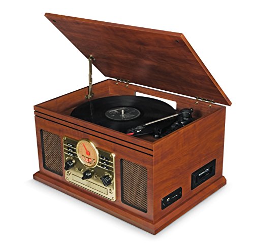 Schallplattenspieler Bluetooth mit Lautsprecher, Retro Plattenspieler Nostalgie Vinyl Player mit FM-Radio/CD-Player/Kassettenspieler/MP3 USB/SD-Card, MP3-Aufnahmefunktion (Walnuss)