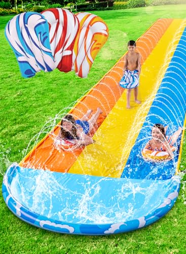 Sloosh 22,5ft x 84in/685.8*213.3cm Wellen Dreifach-Garten-Wasserrutsche, strapazierfähige Wasserrutsche mit 3 Bodyboards und Sprinkler für Kinder und Erwachsene, Sommer-Wasserspielzeug für den Garten