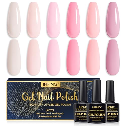 INPING UV Gel Nagellack Set, 6 Stück Baby Rosa Serie Gel Nagellack, Pastell Rosa Hellrosa Jelly Natur Gelnägel Soak Off UV für Valentinstag Party/Hochzeit/Urlaub DIY Nail Art
