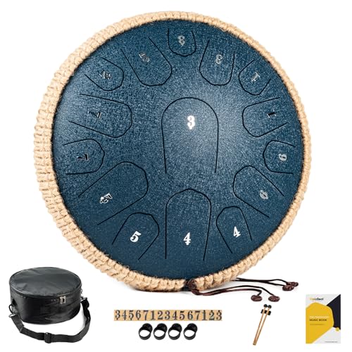 MeloBeat Zungentrommel 13 Zoll 15 Töne - Professionelles Steel Tongue Drum Handpan Set in D Dur inkl. Zungentrommel Liederbuch, Schlagzeug Sticks und Trommel Tragetasche (Dunkelblau)