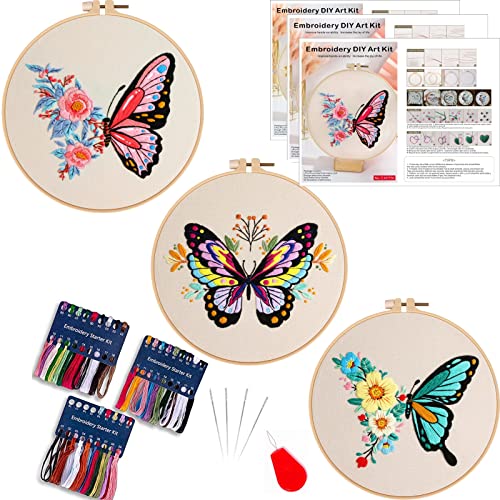 Smart-Feather 3-teiliges Schmetterling-Stickset für Anfänger, Handstickerei-Set für Erwachsene mit Reifen, DIY-Kunstprojekt, Bastelset (Schmetterling)