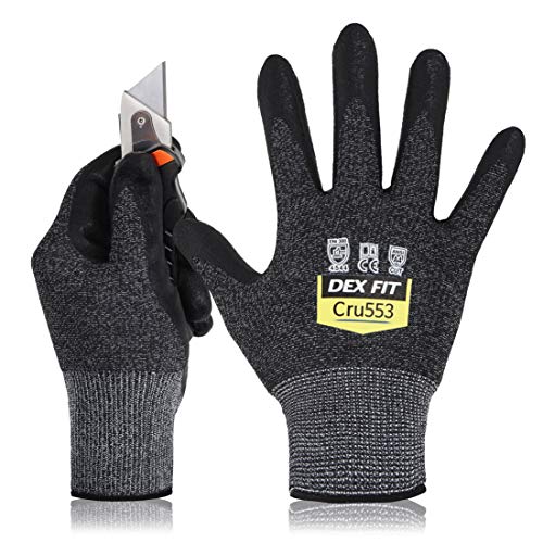 DEX FIT Level 5 Cut Schnittfeste Handschuhe Cru553, 3D Komfort Stretch Fit, Grip, Strapazierfähiger Schaumnitril, Smart Touch, Dünn & Leicht (Cut 5 Cru553 Black Grey, L(1 Pair))