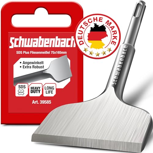 SCHWABENBACH ® Fliesenmeißel SDS Plus 75 x 165mm - Ideal zum Abtragen von Verputz - Fliesen entfernen Werkzeug - Flachmeißel - Extra Gehärtete Spitze - Mauer schnell Abstemmen mit Bohrhammer Meißel