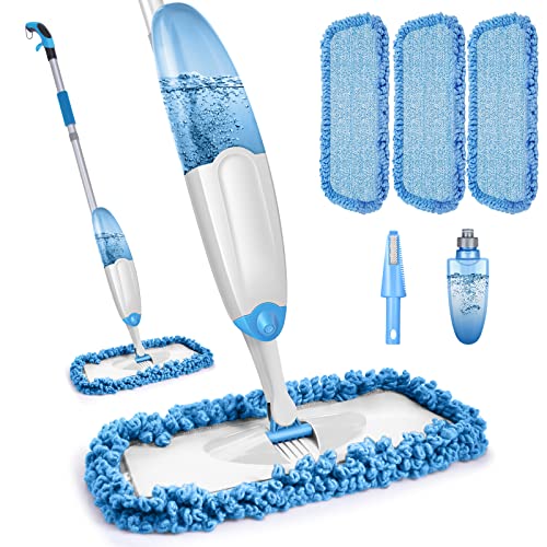 Bodenwischer mit Sprühfunktion, TINA&TONY Wischer mit Sprühfunktion mit 635ml Wassertank, 360 Grad Rotierender Sprühwischer mit 3 Waschbaren Mikrofaser Pads, Blau spray Mop für Laminat, Fliesen