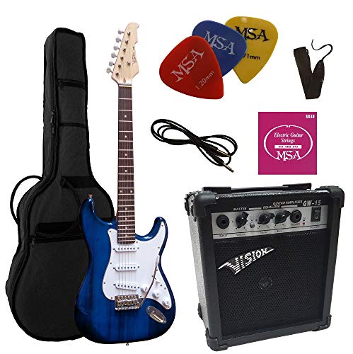 ELEKTROGITARRE DUNKELBLAU TRANSPARENT - E-GITARRE - IM SET MIT 20WATT VERSTÄRKER - TASCHE - BAND - SAITEN - 3xPIK