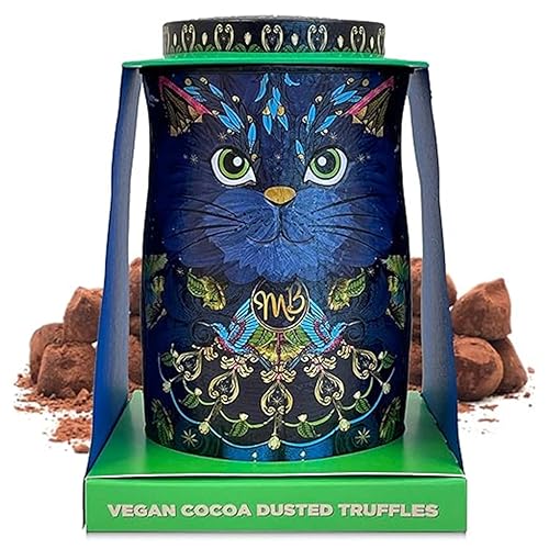 Monty Bojangles Vegane Midnight Prince Schokoladentrüffel (135g) mit Kakao bestäubt Vegane Pralinen in Sammlerdose mit Katzen-Design, Geschmack Cocoa Nib Nights, vegan