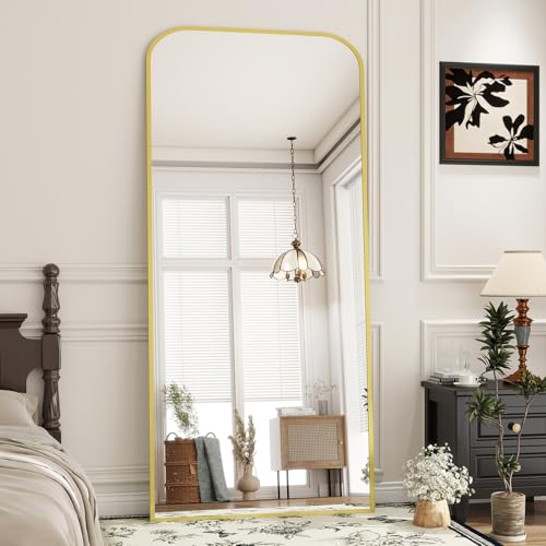 Koonmi Top Gebogene Ecken Standspiegel 76x171 cm, Ganzkörperspiegel bruchsicher Boden Körper Spiegel in voller Länge Modern Wundervoll für Wohnzimmer Schlafzimmer Flur, Gold