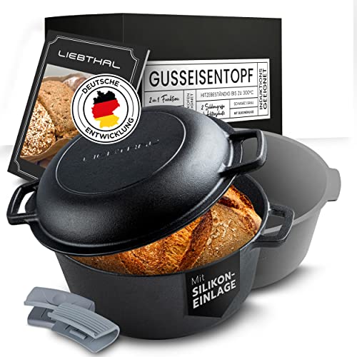 LIEBTHAL Gusseisen Topf Brot backen - Robuster Brottopf mit passgenauer Antihaft-Silikoneinlage - Bereits eingebrannter Brotbackform mit Deckel 4.6 L - Brotbacktopf , Braten & Schmoren