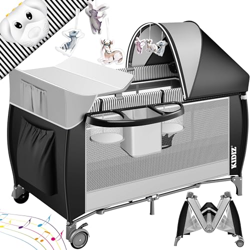 Kidiz® Babybett 3 in 1 Reisebett Kombi Set Baby Bett mit Wickelauflage Moskitonetz Laufstall Baby ab Geburt bis 15 kg luftige Seitenwände mit Seiteneingang Tragetasche zusammenklappbar (Schwarz)