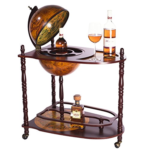Riesiger Barwagen 33035 mit massiven Eukalyptusholz Säulen und einem Serviertisch, 100 cm hoch (geöffnet) und 77 cm breit, antike Globusbar, Bartisch, Hausbar, Barwagen, Cocktailbar, Dekobar