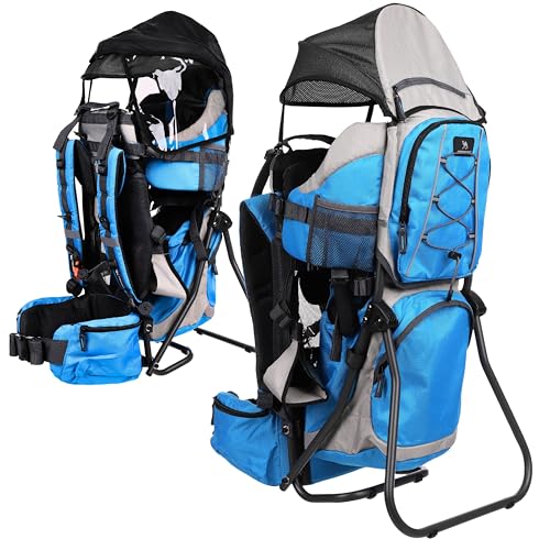 Dromader Kraxe Kindertrage bis 22kg – Kindertrage Wandern mit Sonnendach, Regenschutz, Thermotasche, Wickelmatte – Einhändig klappbare Rahmen – Blau