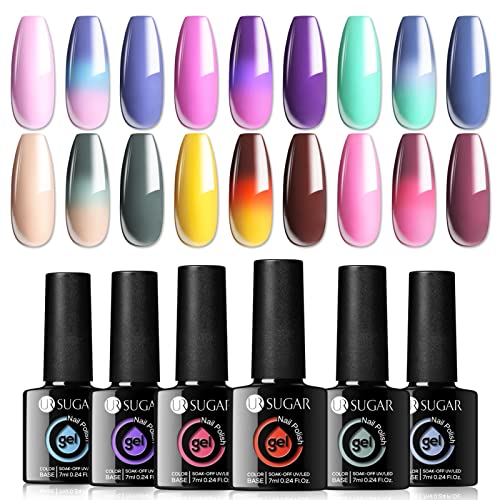 UR SUGAR Thermo UV Nagellack Farbwechsel, 6 Farben Thermogel für Gelnägel Farbwechsel Herbst Shellac Gel Nagellack Set Temperatur Farbwechsel Gellack für Gelnägel Mehrfarbig Nagelgel Gel Nagel