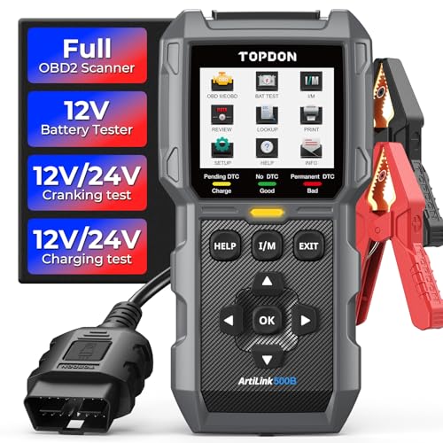 TOPDON AL500B OBD2 Scanner Batterietester 2 in 1, OBD2 Diagnosegerät mit vollständigen OBD2 Funktionen Batterietester mit 12V Batterietests, 12V/24V Anlasser- und Ladetests