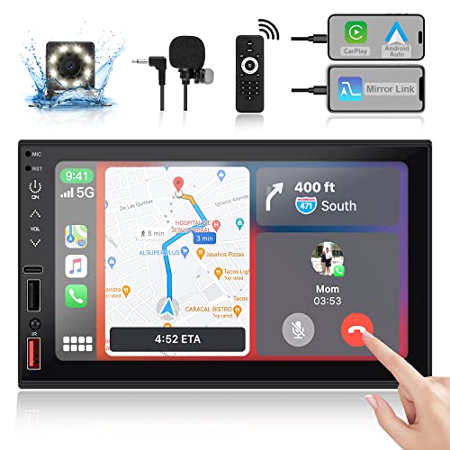 FISHOAKY 7 Zoll Touchscreen Autoradio mit Apple Carplay & Android Auto, Autoradio Bluetoothmit AM/FM-Radioempfänger, 2 Din Radio mit 4 USB-Anschlüsse und 1Typ-c-Anschluss