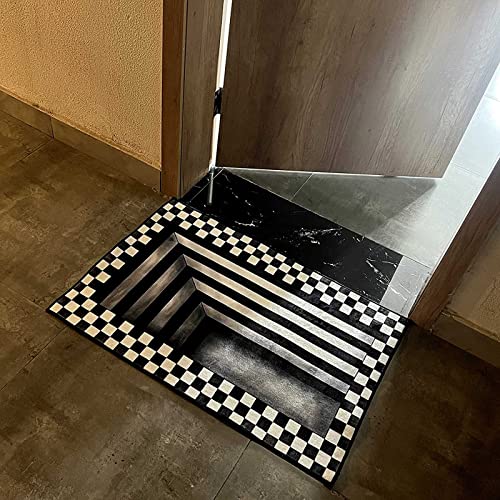 JMBK 3D Optische Täuschung Teppich Fußmatte Schachbrett Trap Flanell, Stereo Vision Zebra Rutschfeste Visuelle Dekoration, Schwarz, 60x90cm/23x35